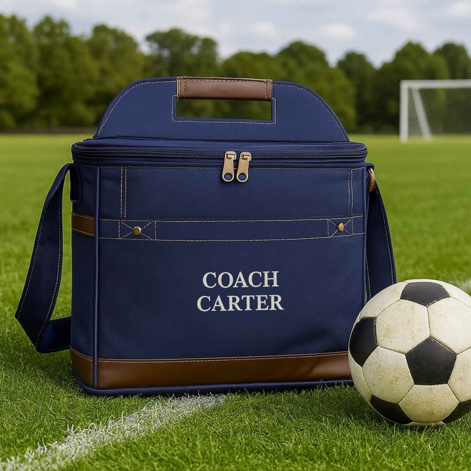 Navy personalized cooler bag embroidered with Coach Carter, sitting on a soccer field beside a ball and goal as an end of season coach gift