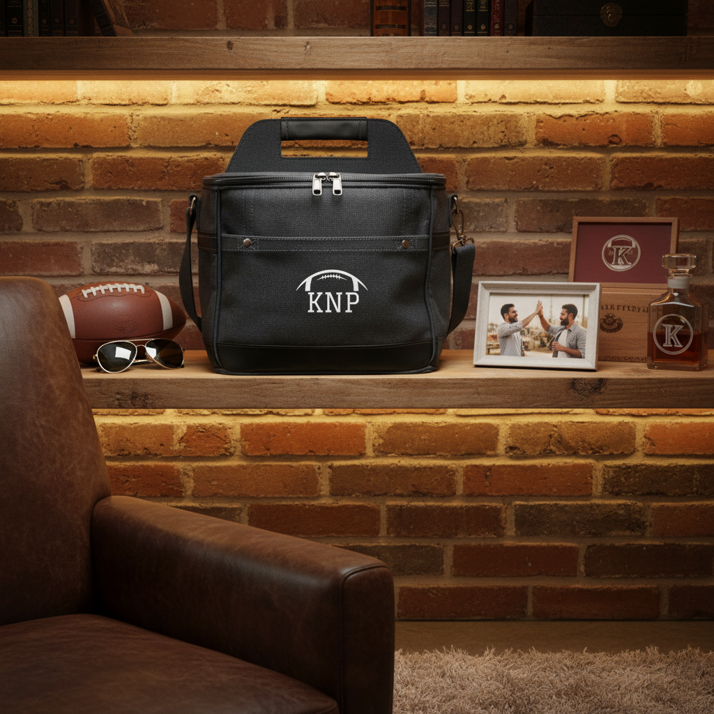 Personalized black cooler bag monogrammed with a coach's initials, set on a leather chair beside a football and framed photos as a football coach gift