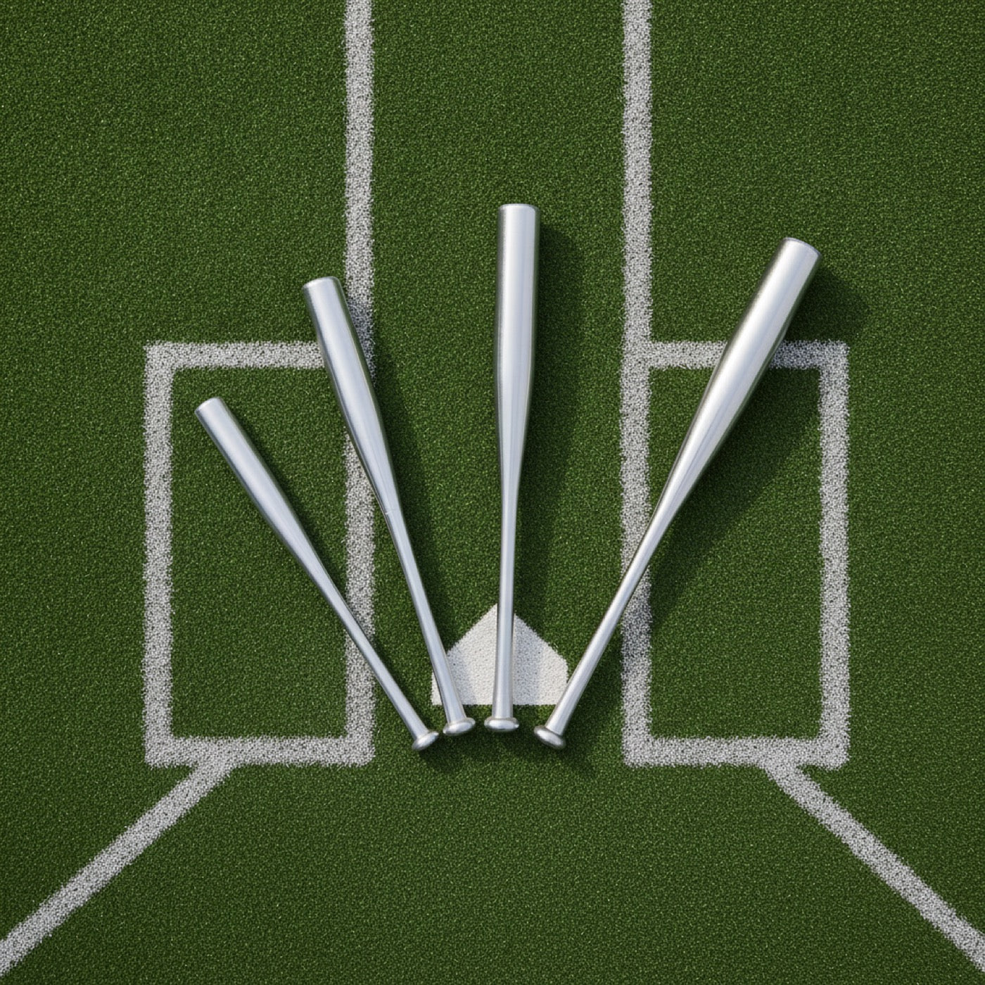 Five aluminum baseball bats arranged from shortest to longest on green baseball turf, illustrating how bat length increases with a player's size.