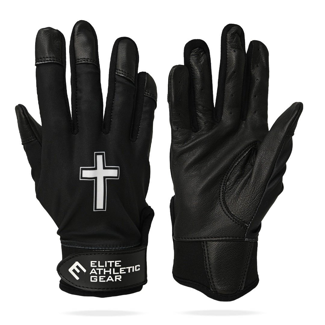 Faith cross black batting gloves, an alternative to writing a bible verse directly on a baseball glove, from a guide to bible verses for baseball gloves and where each one fits.
