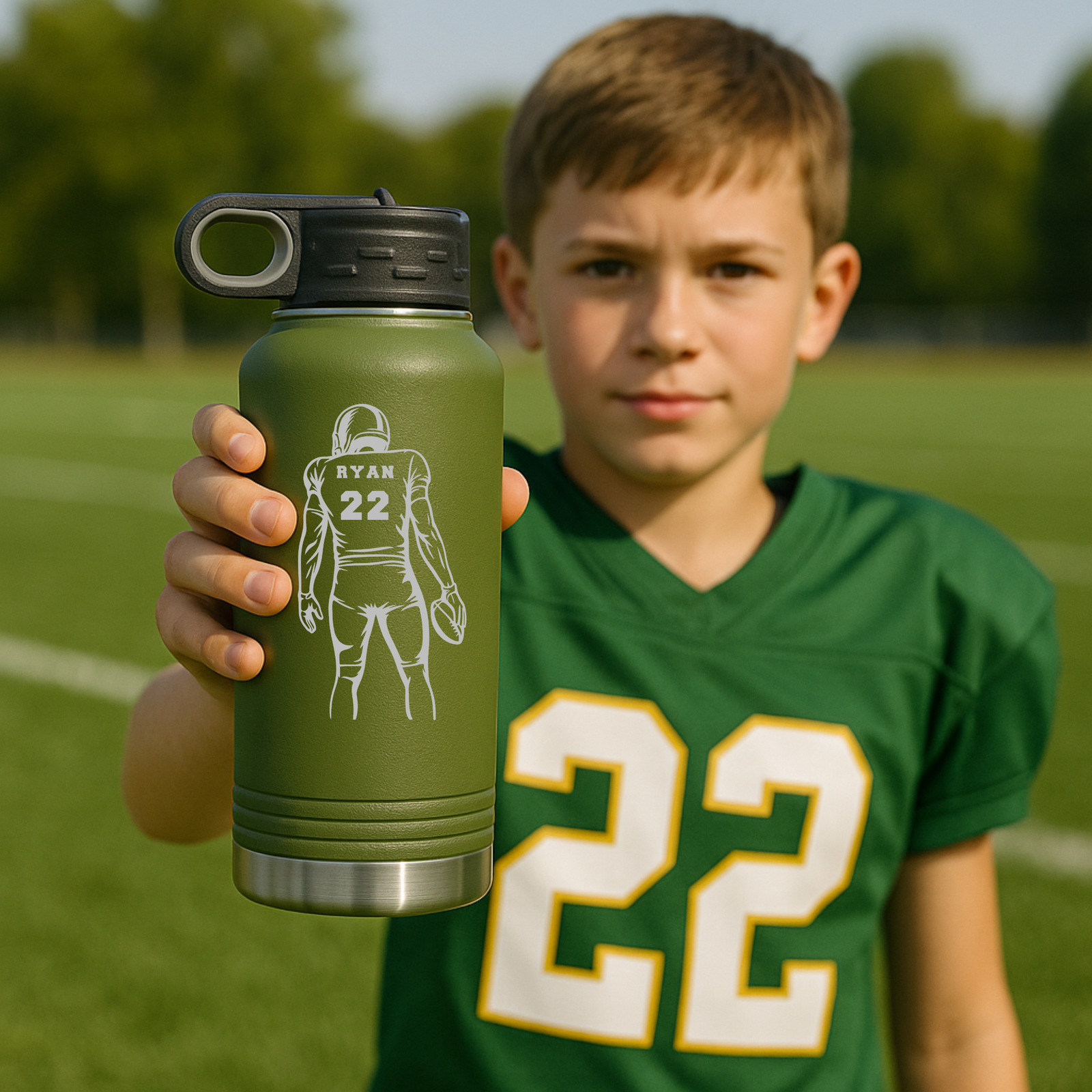 Personalized football player water bottle, a 32oz insulated stainless steel bottle engraved with his name and number in a bold football player design