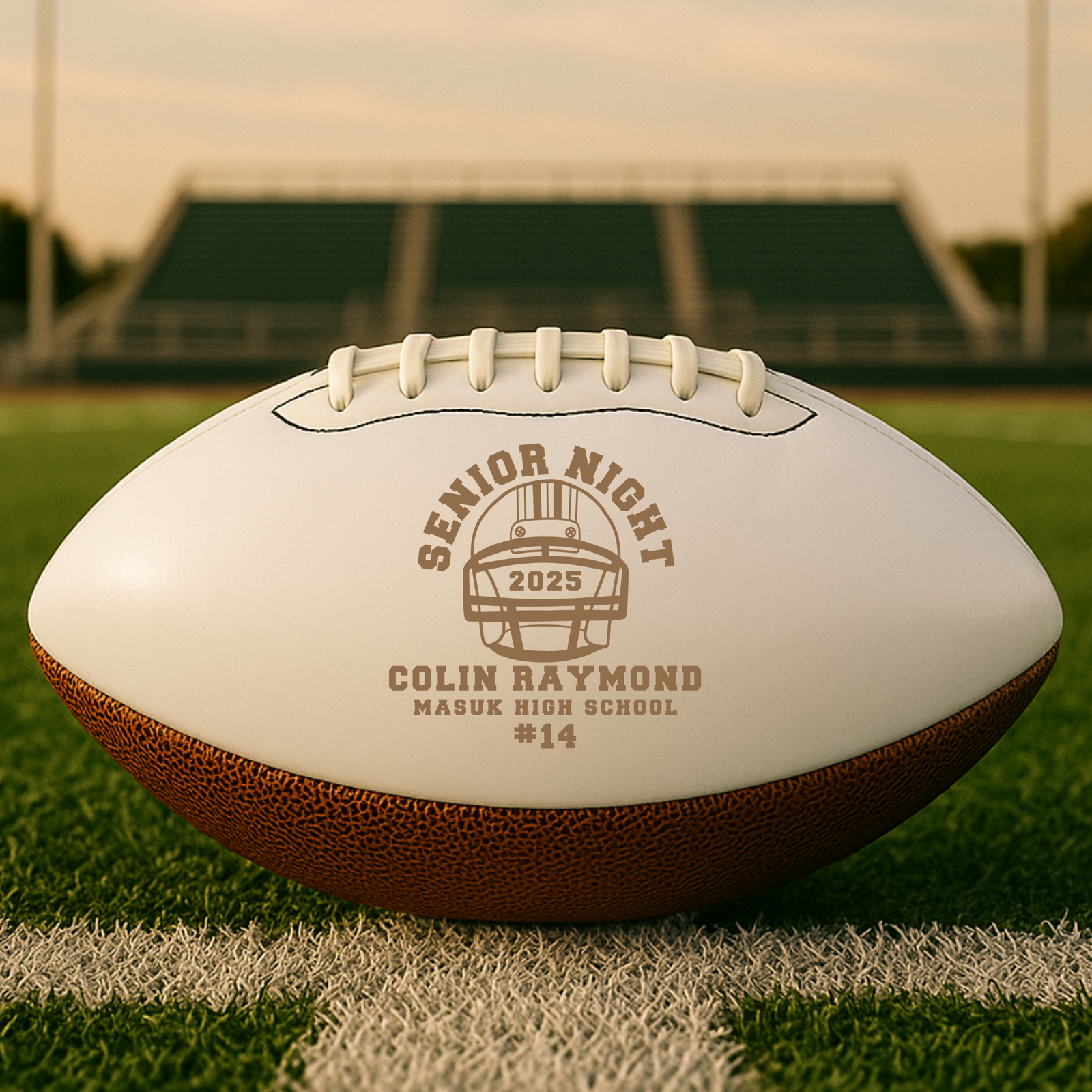 Custom football engraved with sample personalization showing "Senior Night 2025," helmet logo, player name "Colin Raymond," school "Masuk High School," and jersey number "#14" on w