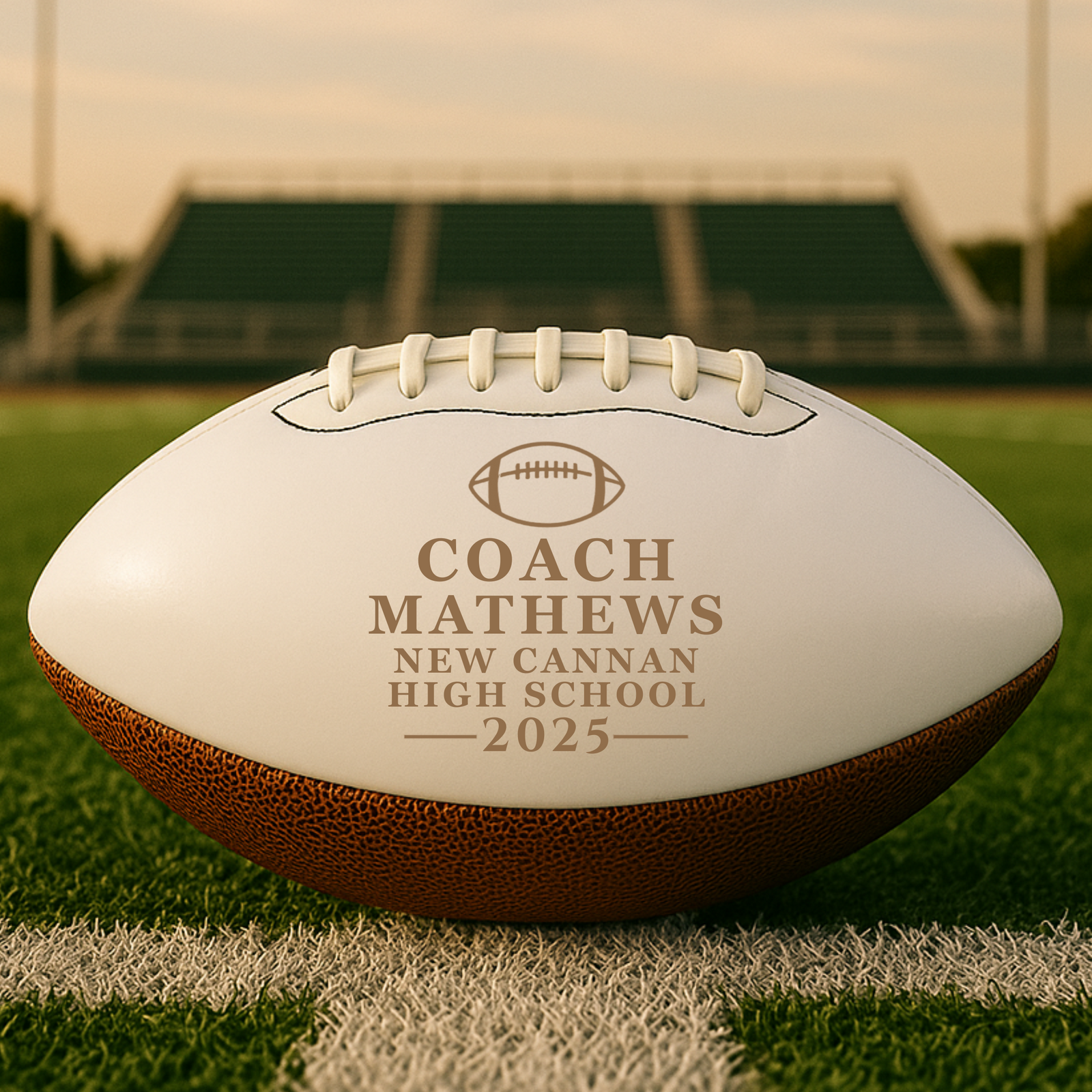 Personalized football coach keepsake ball engraved with the coach's name, school, and season, a display football that honors his leadership