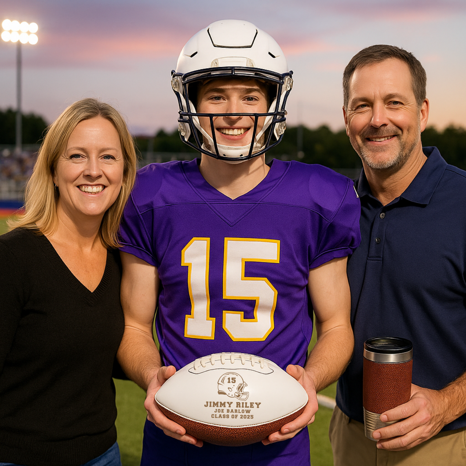 Football engraved with sample personalization showing name, number, school, and class year, held by young athlete in purple uniform at stadium