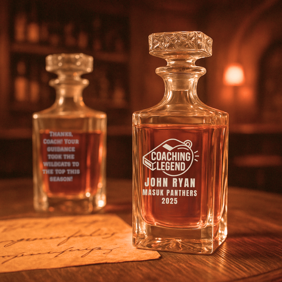 Personalized coach decanter engraved with coaching legend design, coach’s name, team, and year