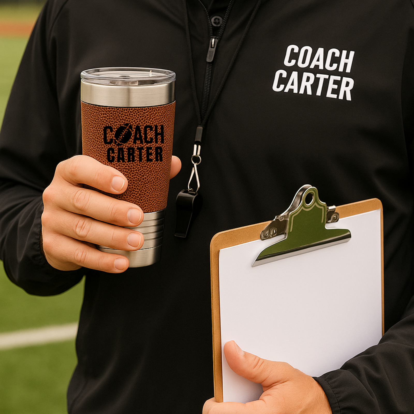 Lifestyle shot of brown leather-textured tumbler engraved with sample "COACH CARTER" text, held by person in black jacket on sports field