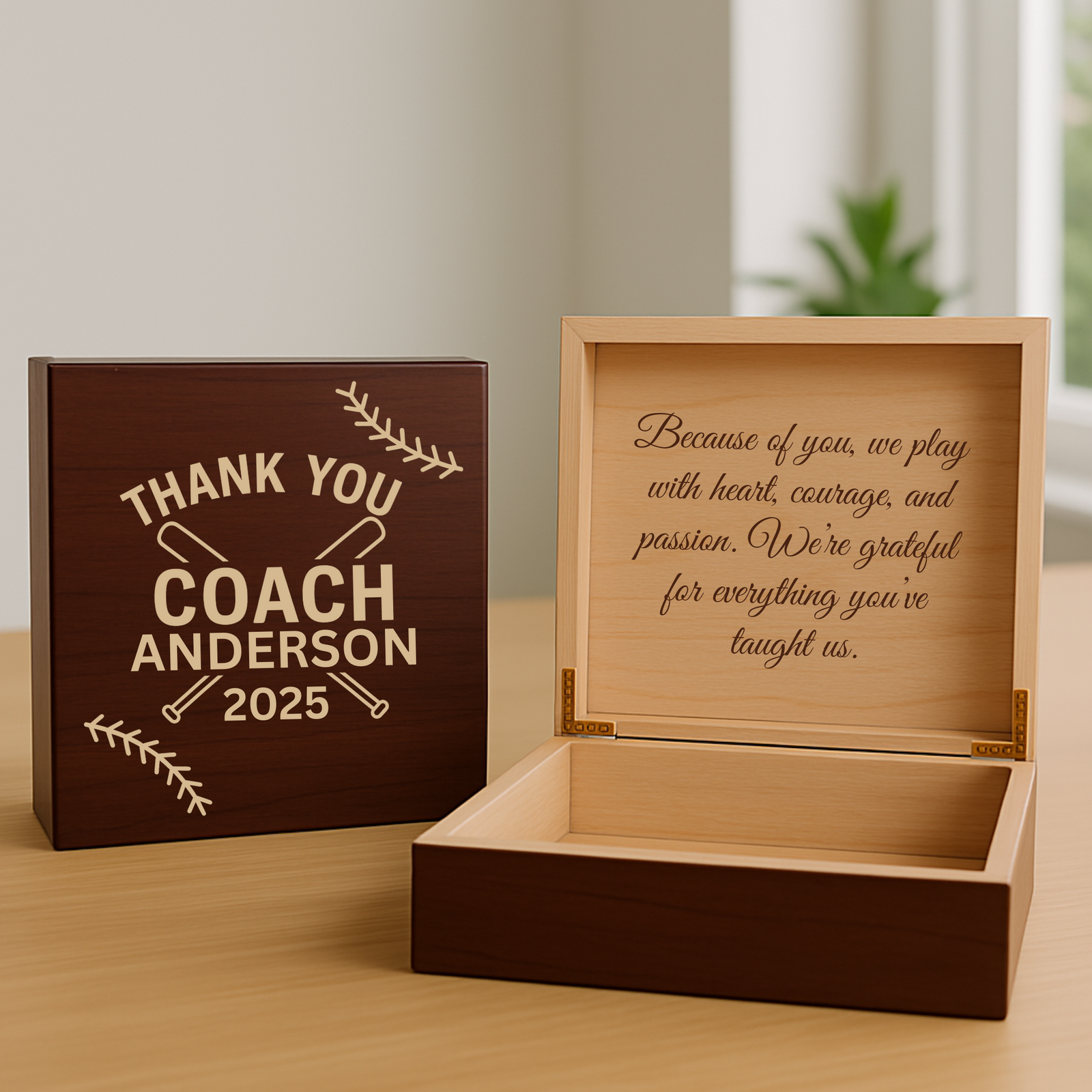 Personalized wooden keepsake box for a baseball coach with a 'Thank You Coach' lid and sample 'I Believe Everything Happens For A Reason' message engraved inside the lid