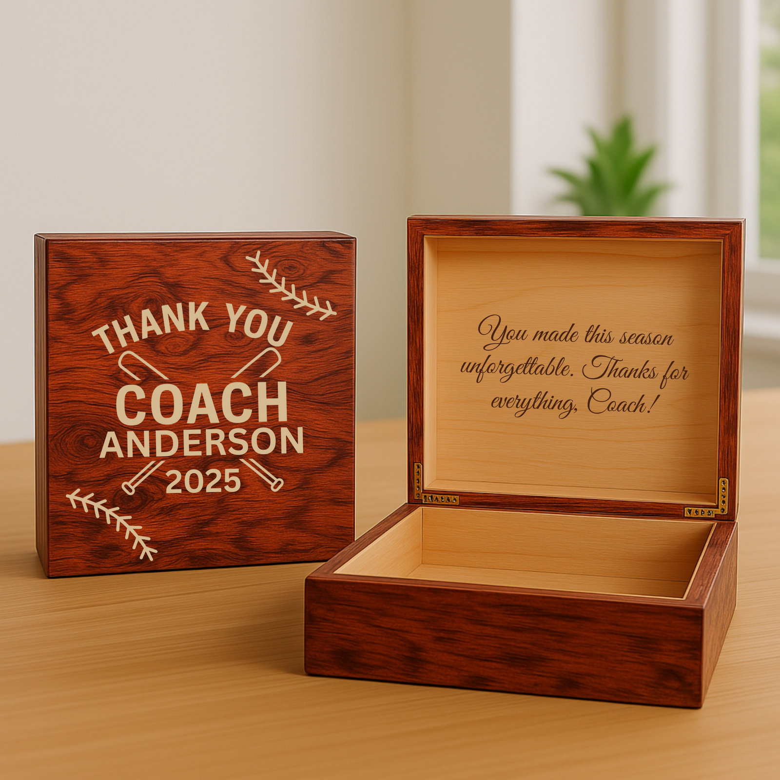 Burl baseball coach keepsake box with 'Thank You Coach Anderson 2025' engraved on the lid and a sample 'You made this season unforgettable' message inside the lid
