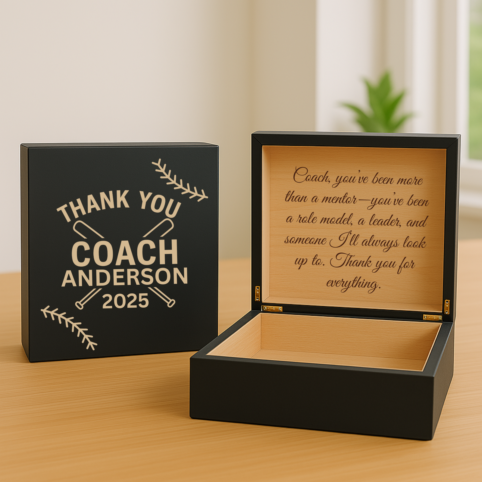 Black baseball coach keepsake box with 'Thank You Coach Anderson 2025' engraved on the lid and a sample mentor message inside the lid