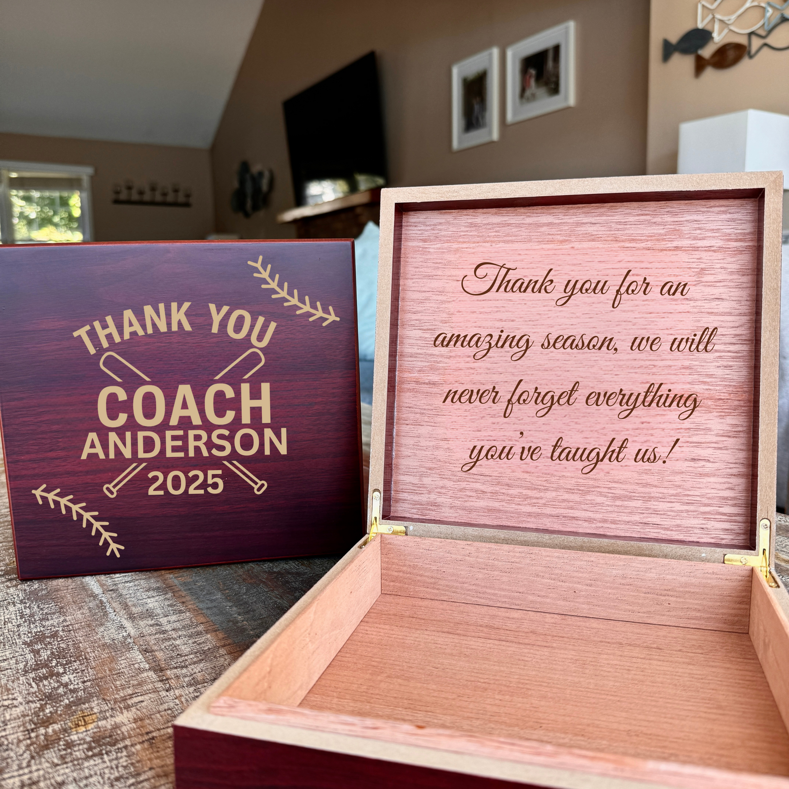 Cherry baseball coach keepsake box angled view with 'Thank You Coach Anderson 2025' engraved on the lid and a sample 'Thank you for an amazing season' message inside the lid