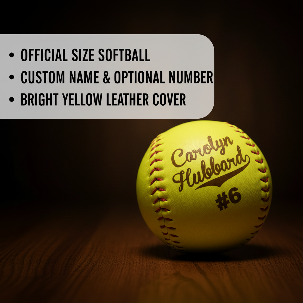 Bright yellow regulation softball laser-engraved with sample name "Carolyn Huluboard" and number 6, red stitching visible on surface.