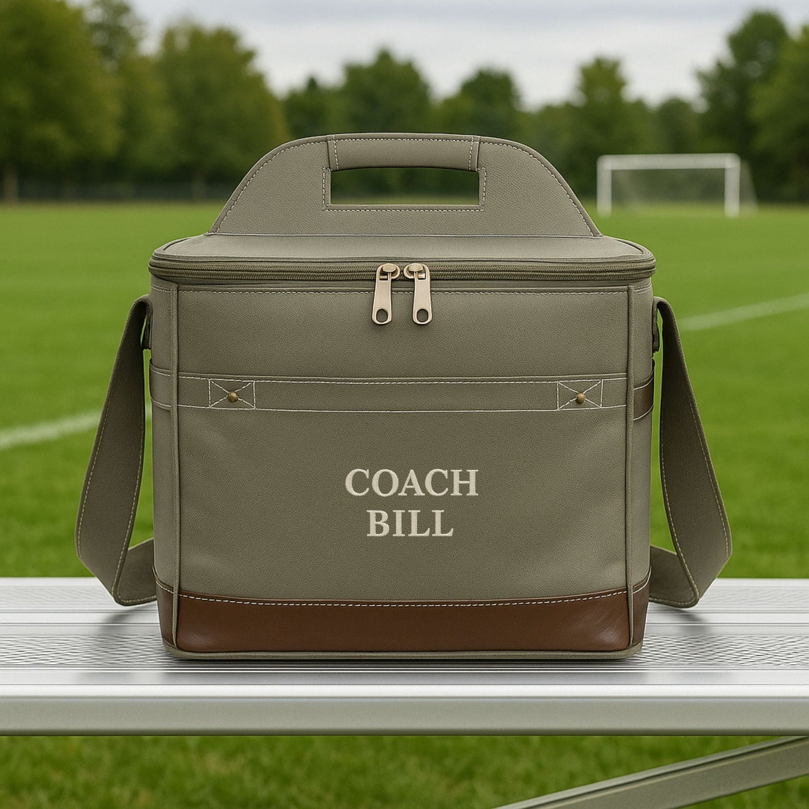 Personalized soccer coach cooler, an insulated soft-sided bag embroidered with the coach's name and a soccer design, with a built-in bottle opener