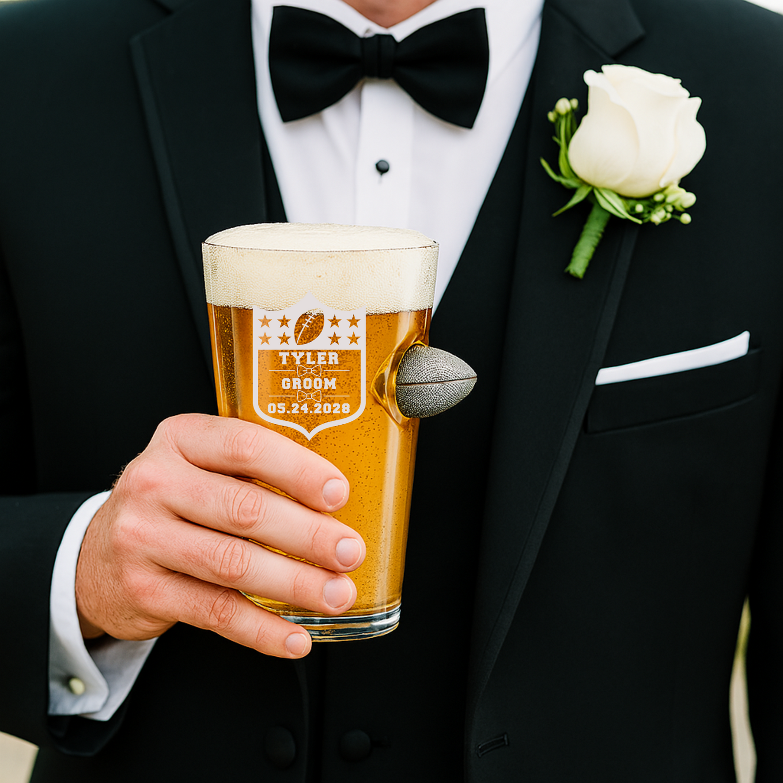 Groomsmen Football Draft Pint Glass shown in its custom display box