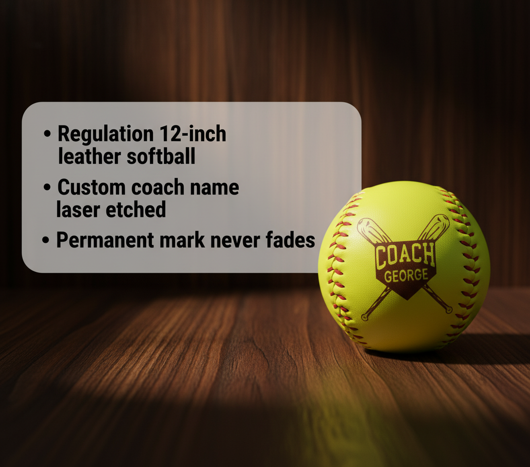Bright yellow leather softball with laser-enched design featuring crossed bats and sample text "COACH GEORGE" against wood-grain background.
