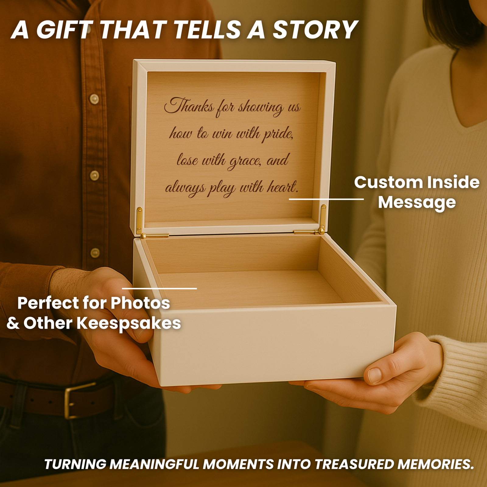 White wooden keepsake box with hinged lid, interior engraved with sample message "Thanks for showing us how to win with pride, lose with grace, and always play with heart