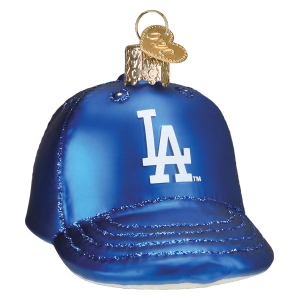 Blue baseball cap ornament with white LA logo and glittery visor trim, featuring brass crown cap and hanging loop