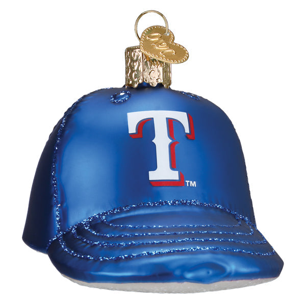 Blue baseball cap ornament with white and red "T" logo and glittery bill detail, topped with gold metal cap and loop hanger