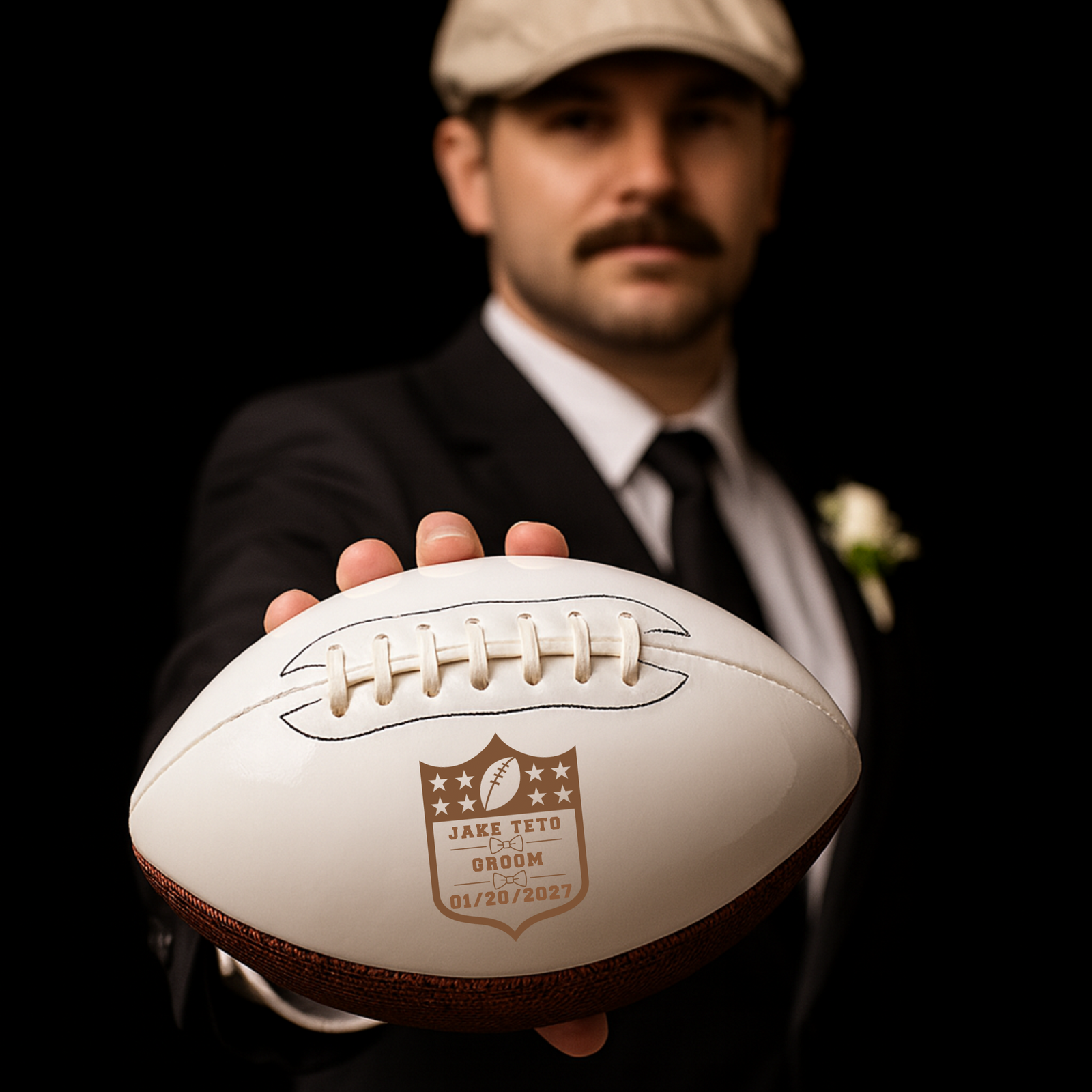Custom Groomsman Football detail showing personalized engraving and pigskin leather base