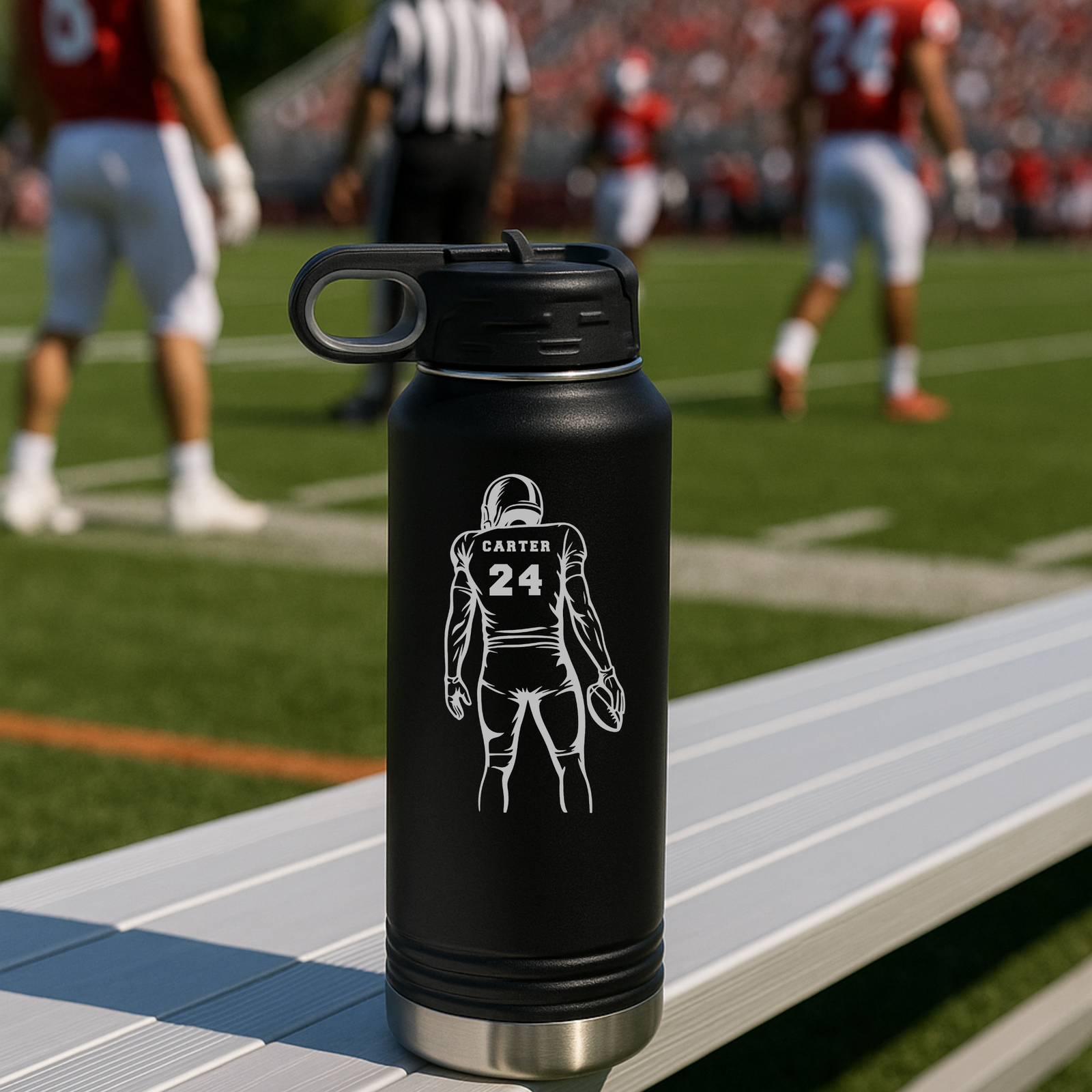 Personalized football player water bottle, a 32oz insulated stainless steel bottle engraved with his name and number in a bold football player design