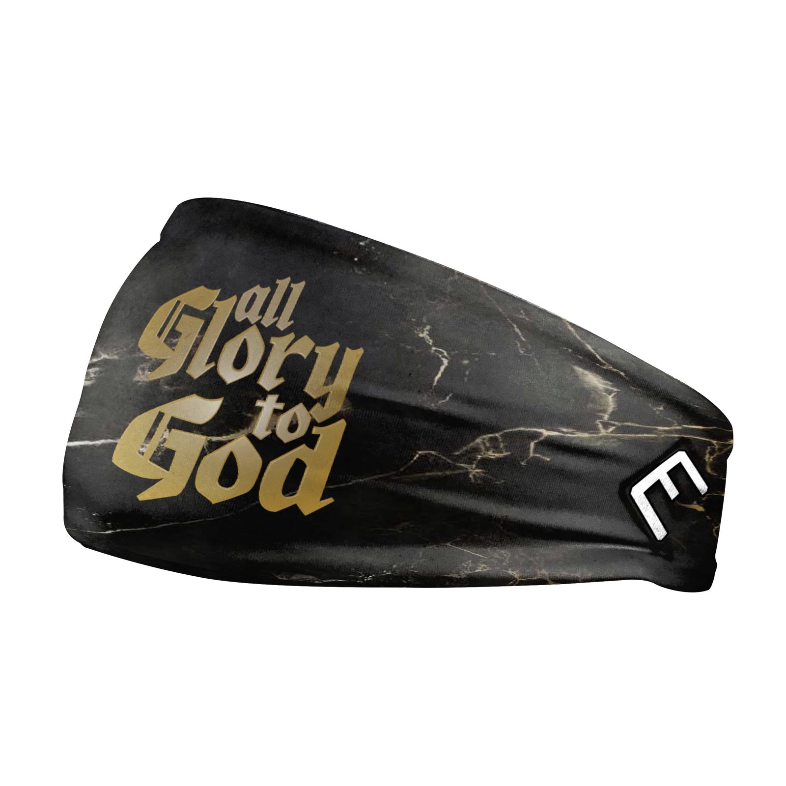 Black marbled performance headband with gold gothic 'all Glory to God' lettering and the white EAG side logo on a clean background