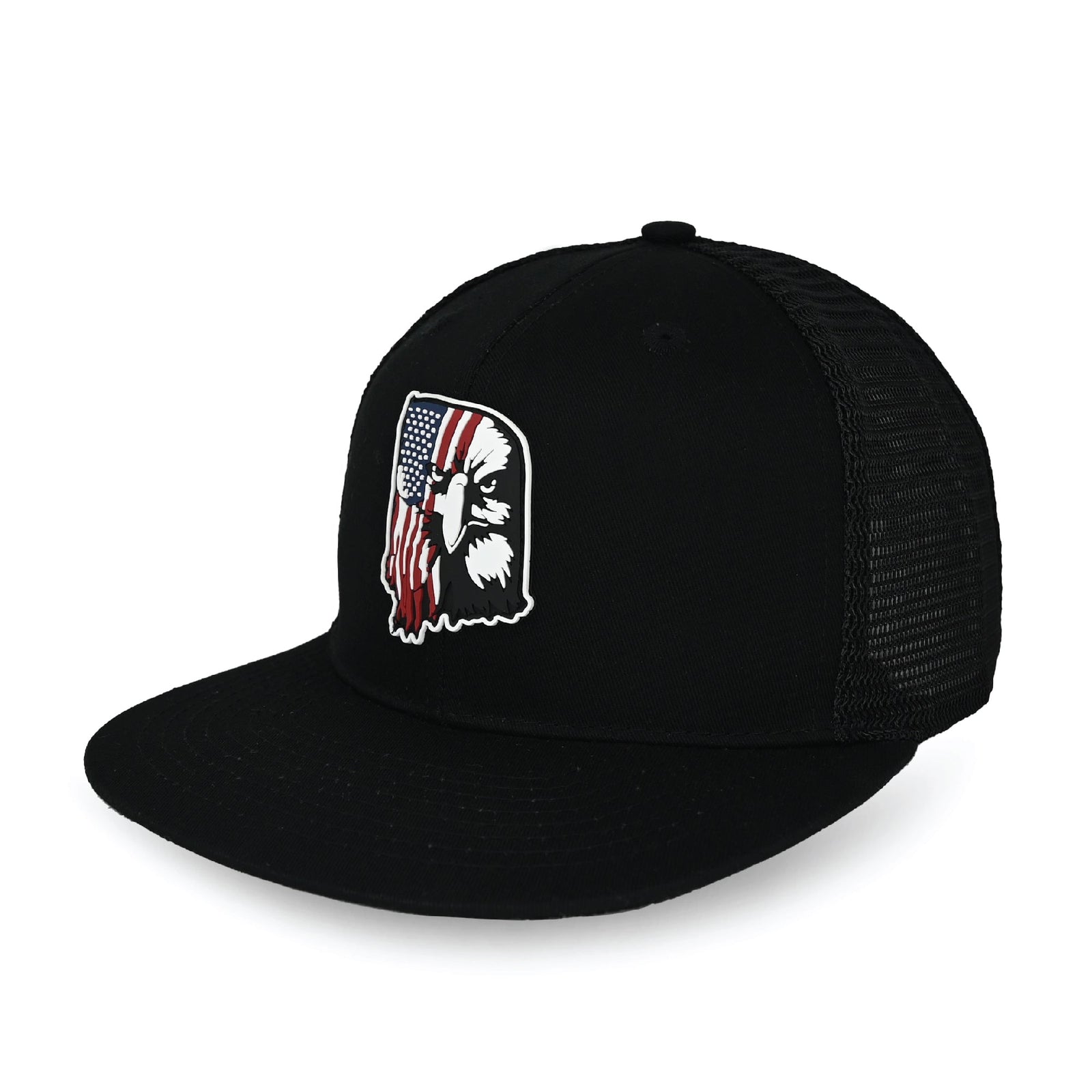 Black flat-brim trucker hat with a rubber eagle-and-American-flag patch on the front panel and black mesh side panels
