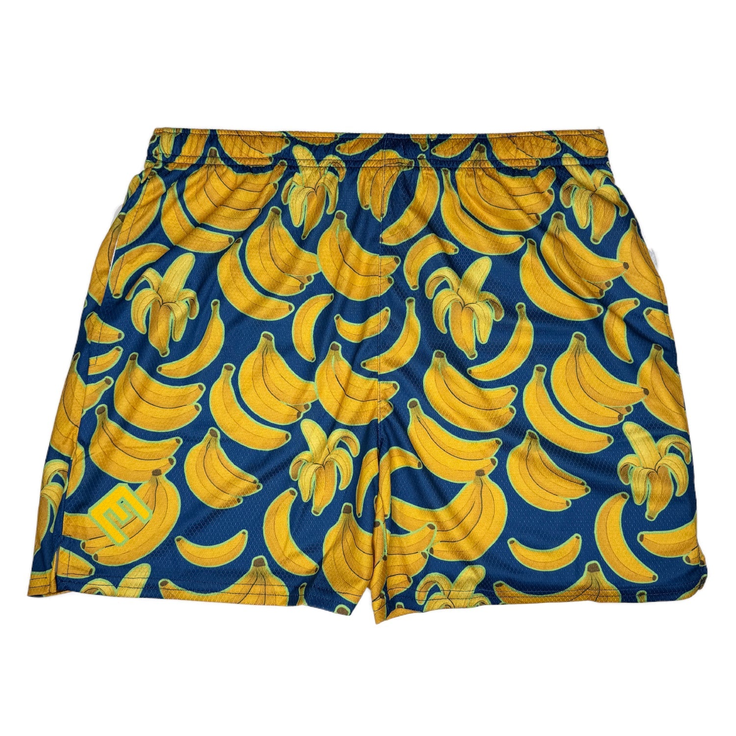 Banana Bunch athletic shorts with an all-over yellow banana print on a navy mesh background