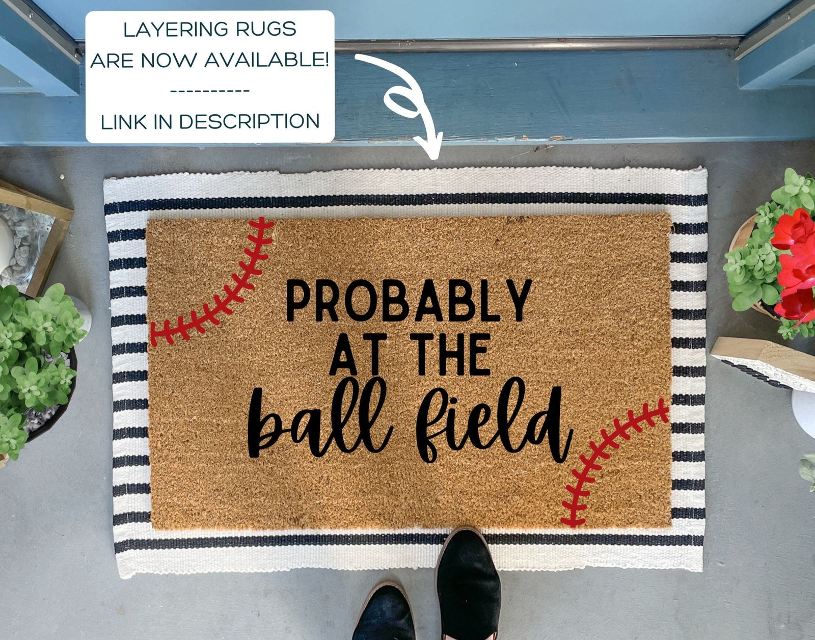 Probably at the Ball Field baseball doormat with bold black lettering on natural coir mat, ideal for baseball lovers