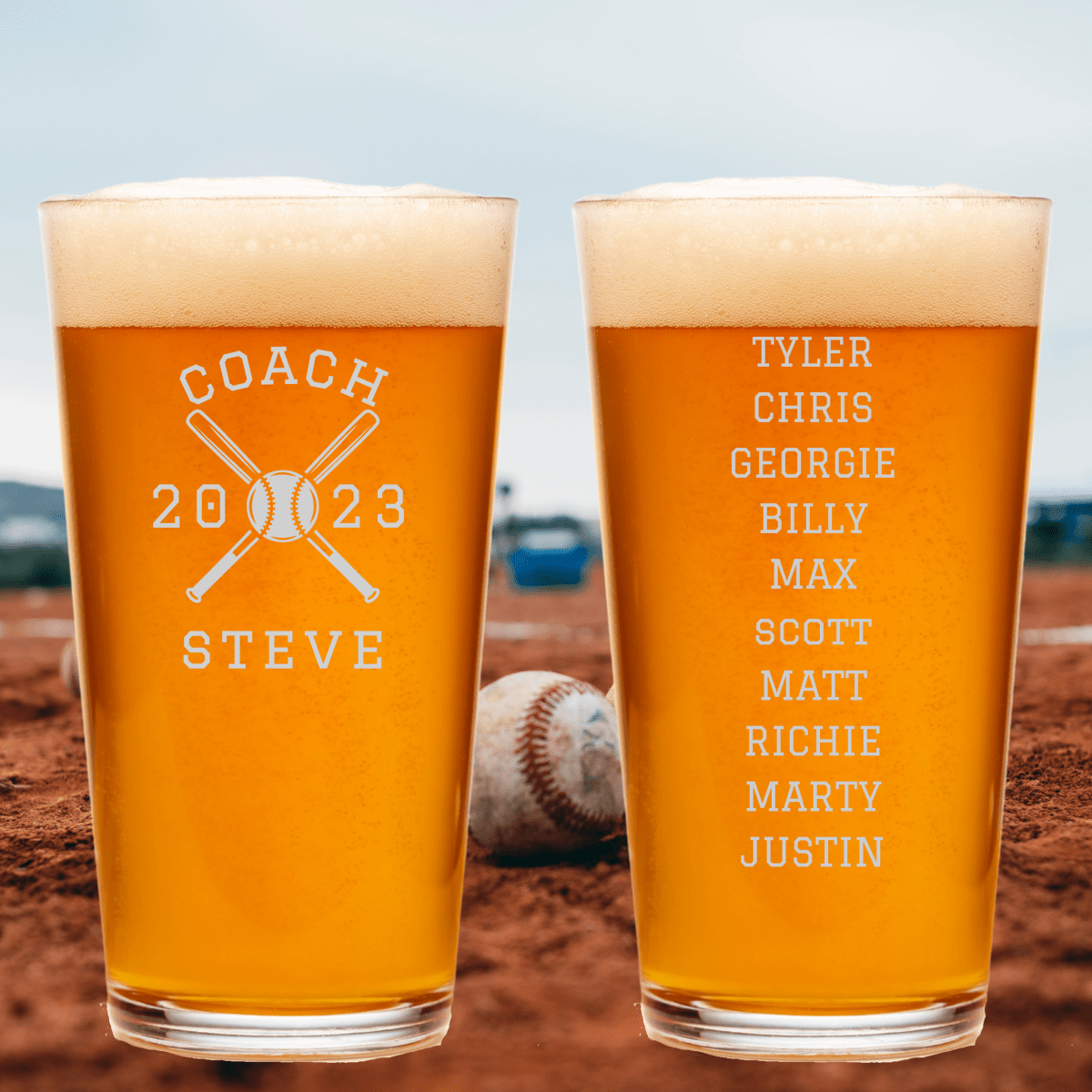 Team Roster Baseball Coach Pint Glass shown front and back: COACH, crossed bats, 2023 and STEVE beside a back engraved with ten player names