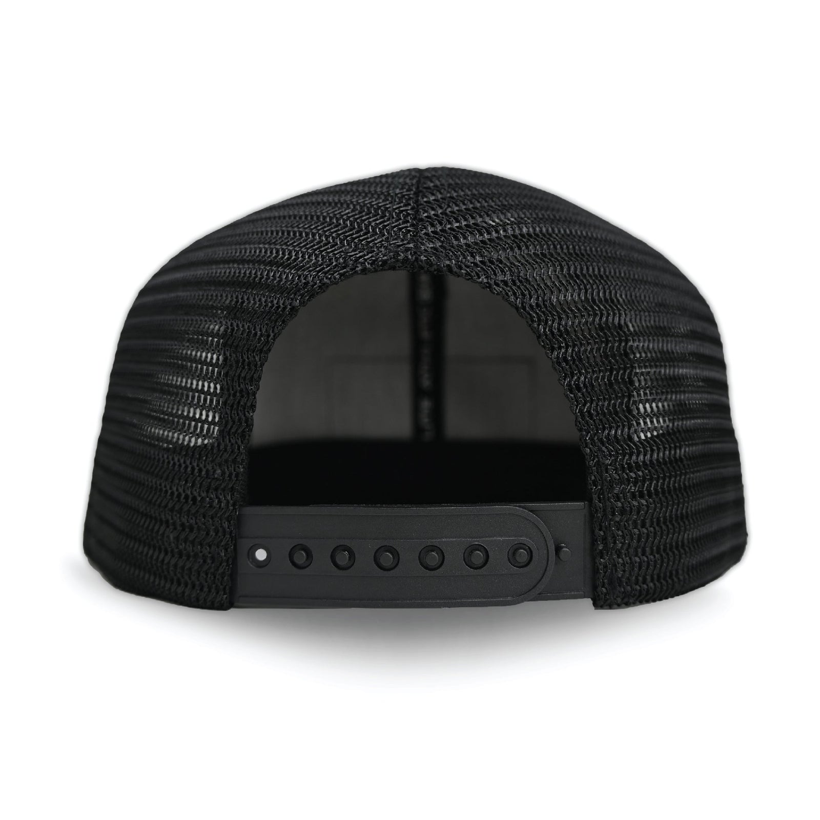 Back view of the black American Eagle trucker hat showing the mesh side and back panels and the plastic snapback closure