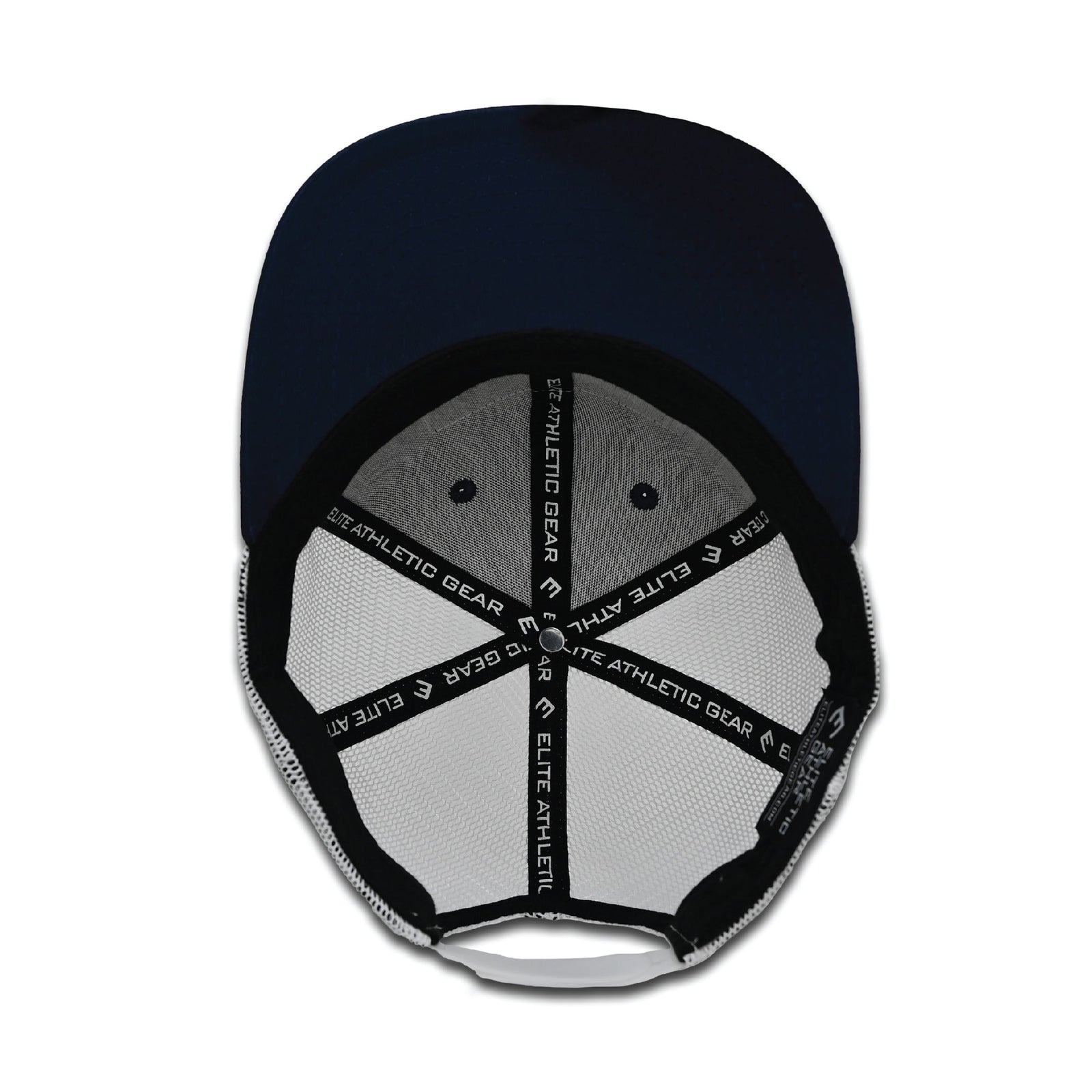 Interior view of navy trucker hat showing white mesh panels, black sweatband with Elite Athletic Gear branding, and snapback closure strap