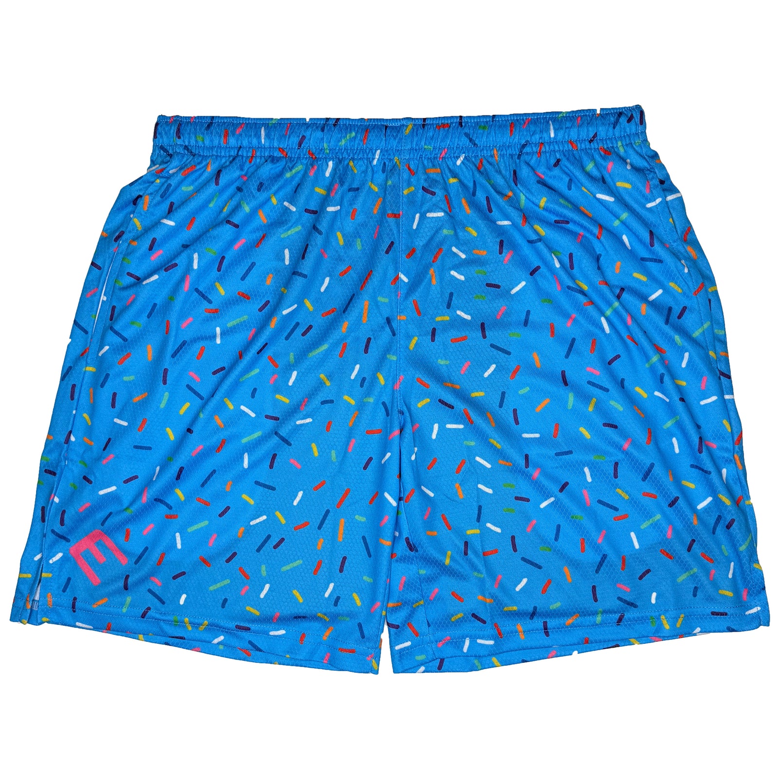 Blue athletic shorts with multicolored sprinkle print pattern, elastic waistband, and side pockets visible from front flat lay view