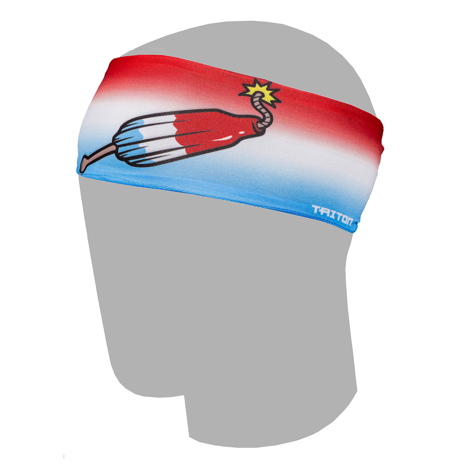 Red, white, and blue gradient performance headband with comic-style rocket graphic and yellow starburst, displayed on mannequin head