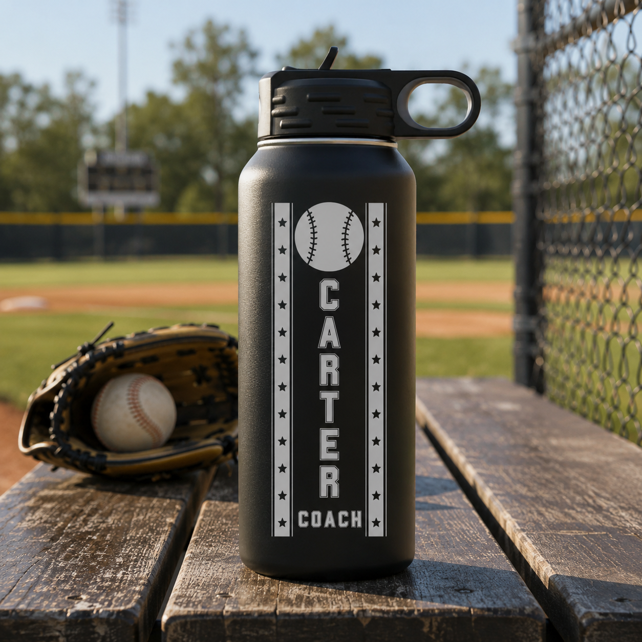 Personalized baseball coach water bottle in matte black, laser engraved with the name Carter and Coach inside a star-bordered baseball design, resting on a dugout bench.