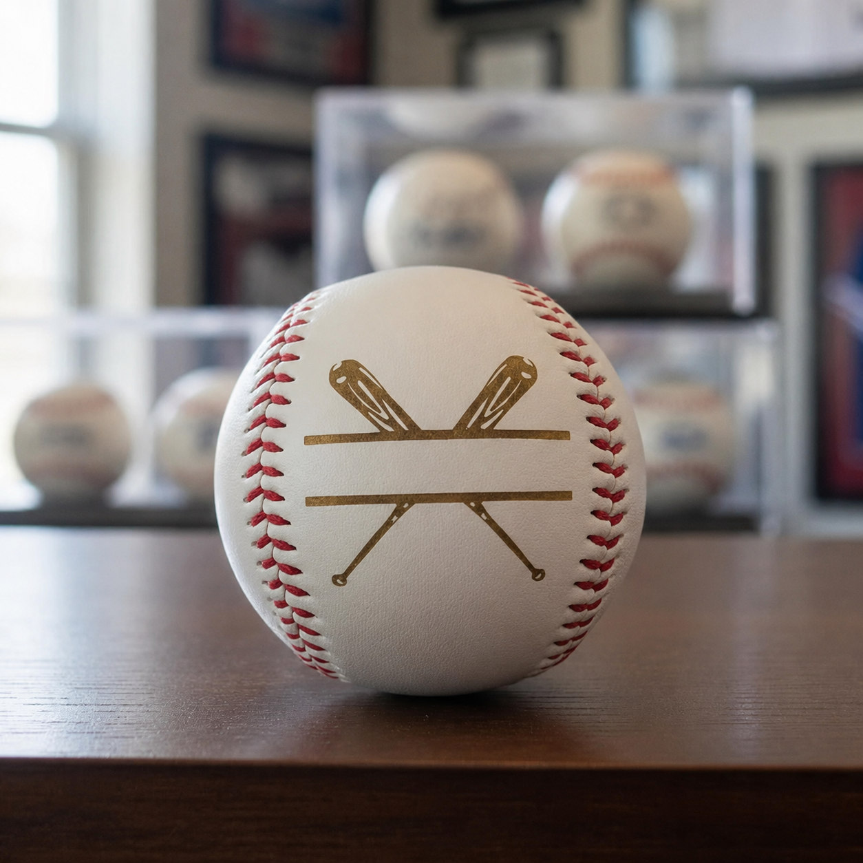 Baseball with crossed bats design printed in gold and red stitching, displayed on wooden surface with collectible baseballs in background cases