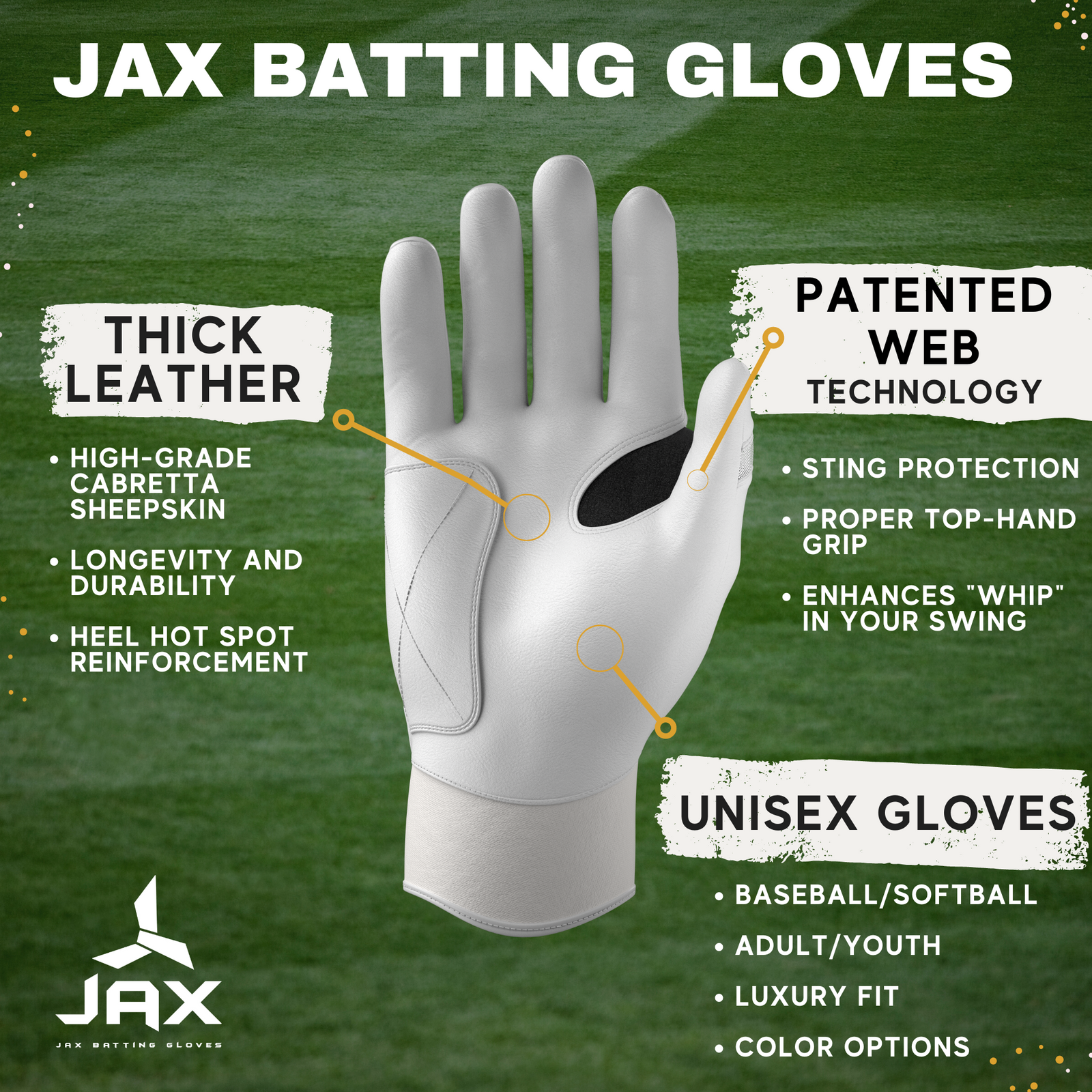 Jax White Pro Cuff Batting Gloves
