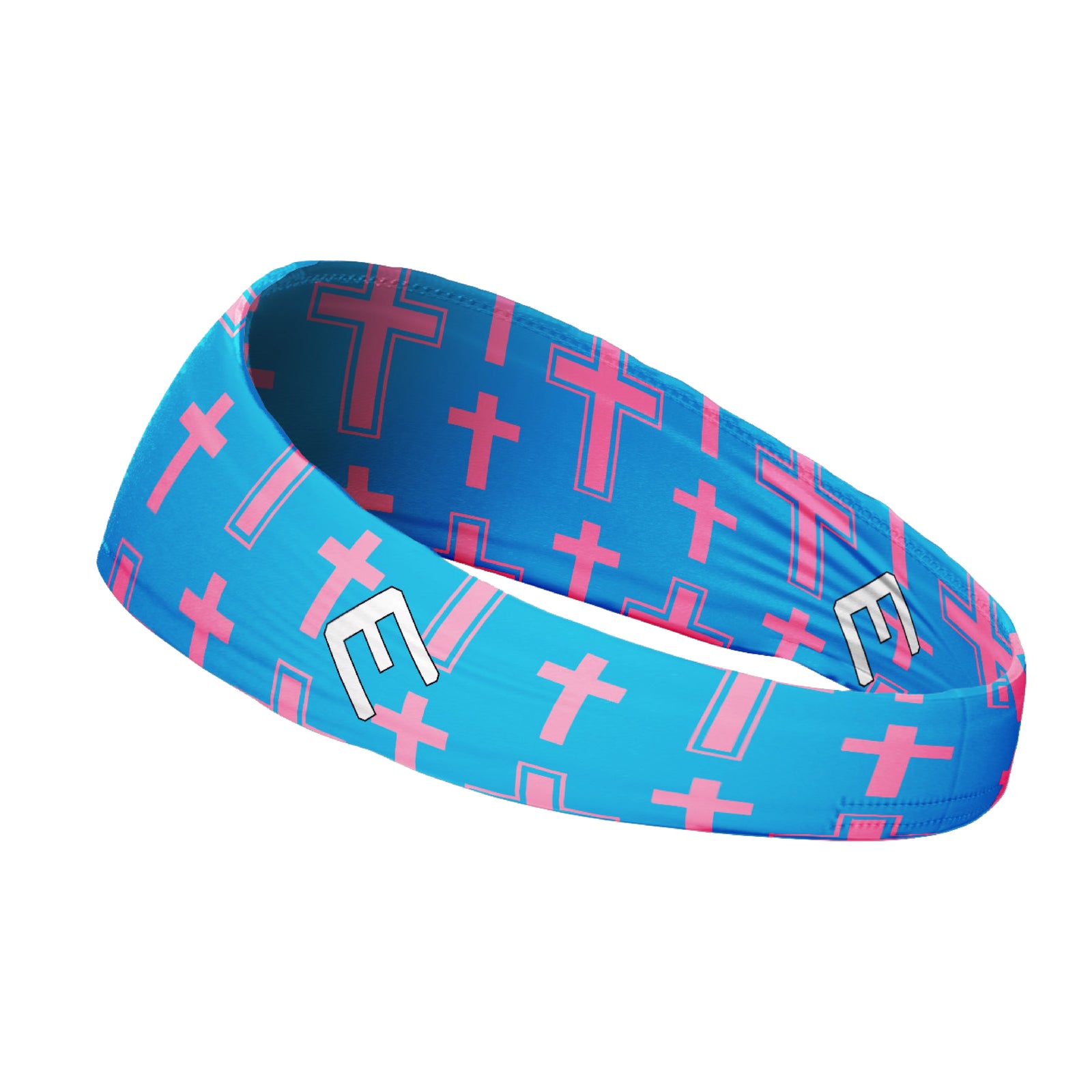 Blue and pink cross-patterned headband with white BBS logo badges on the front, shown at an angle to display the reversible design and tapered construction.