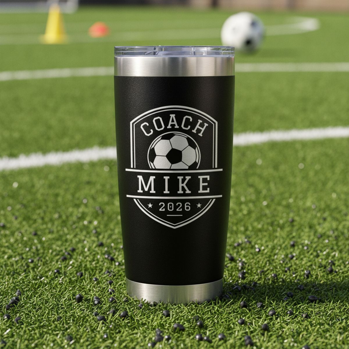 Personalized soccer coach tumbler with the coach's name and a soccer design engraved on the front and the full team roster engraved on the back