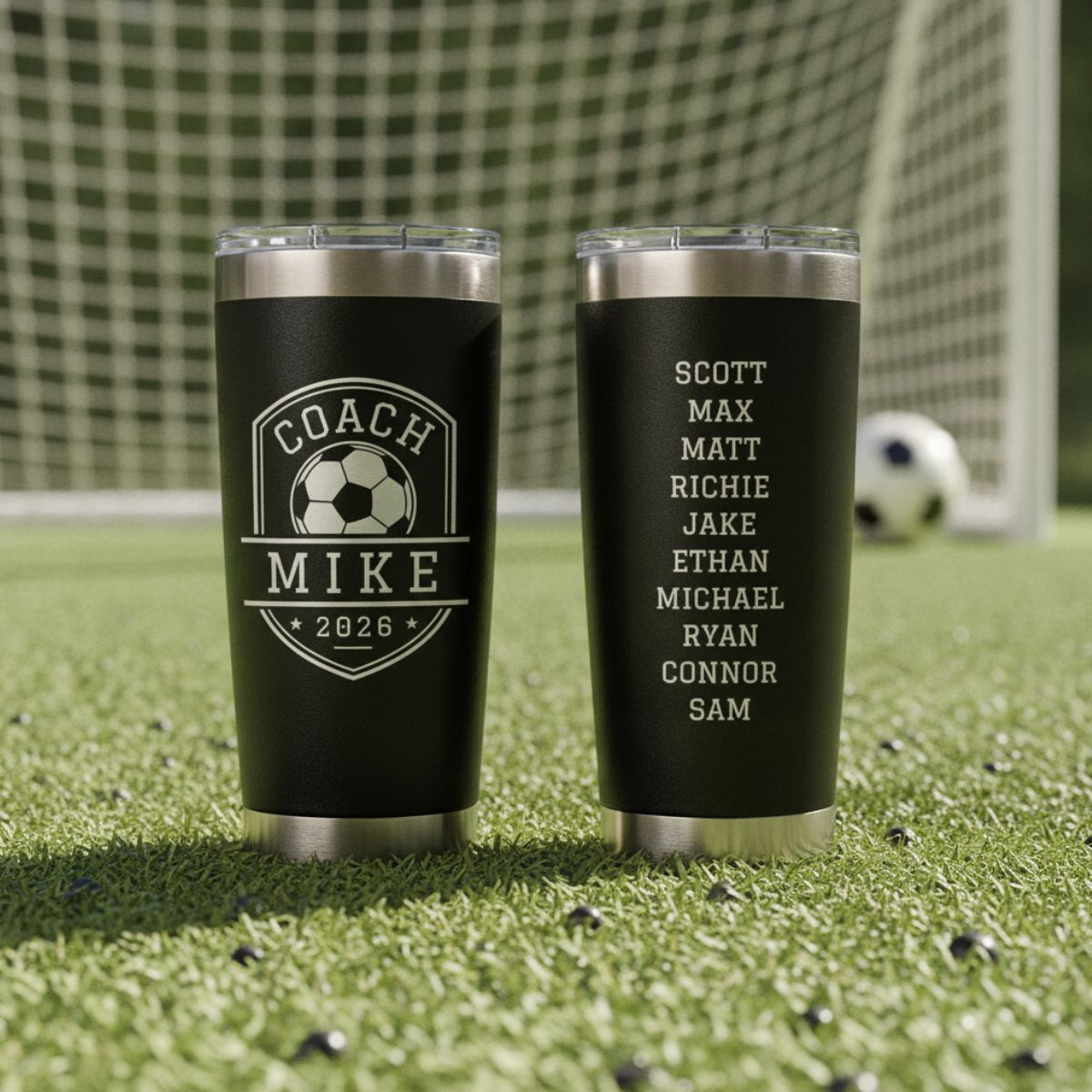 Personalized soccer coach tumbler with the coach's name and a soccer design engraved on the front and the full team roster engraved on the back