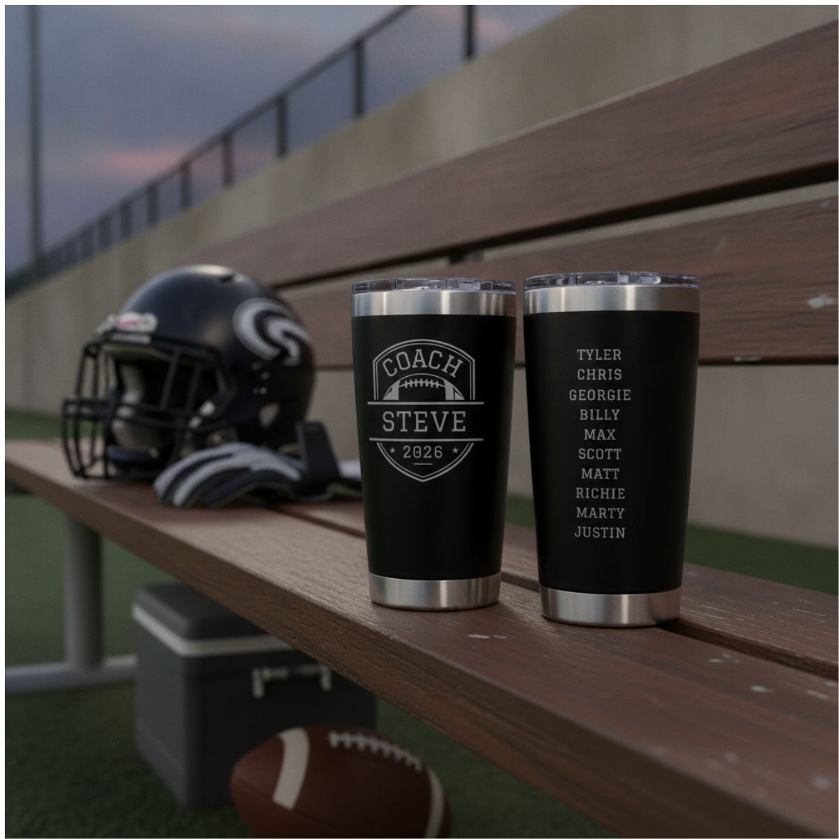 Personalized football coach tumbler with the coach's name and a football design engraved on the front and the full team roster engraved on the back
