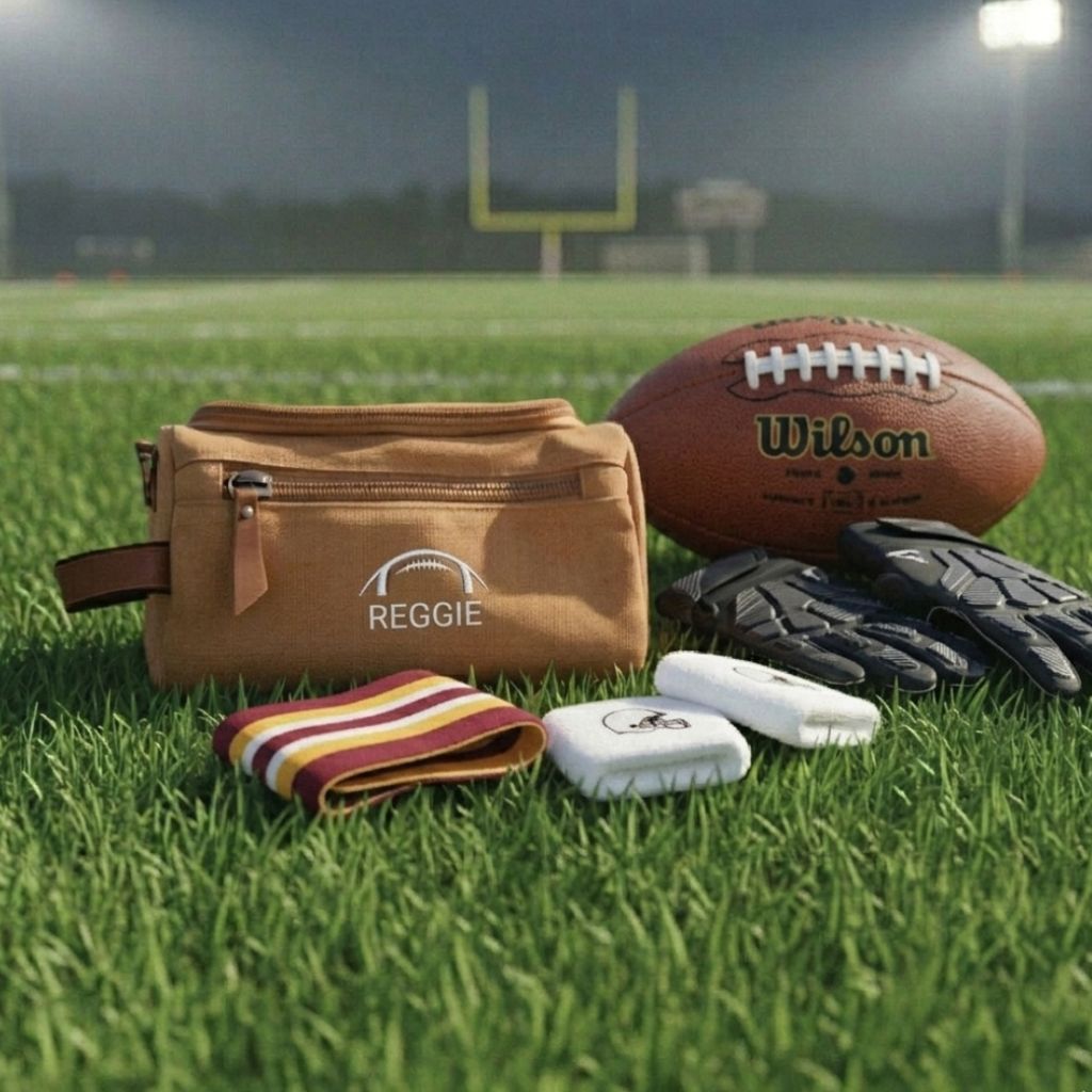 Personalized football toiletry bag in washed canvas with a leather handle and an embroidered football with custom initials, built for road games and college