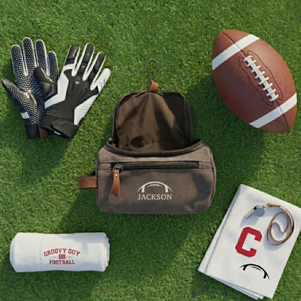 Personalized football toiletry bag in washed canvas with a leather handle and an embroidered football with custom initials, built for road games and college