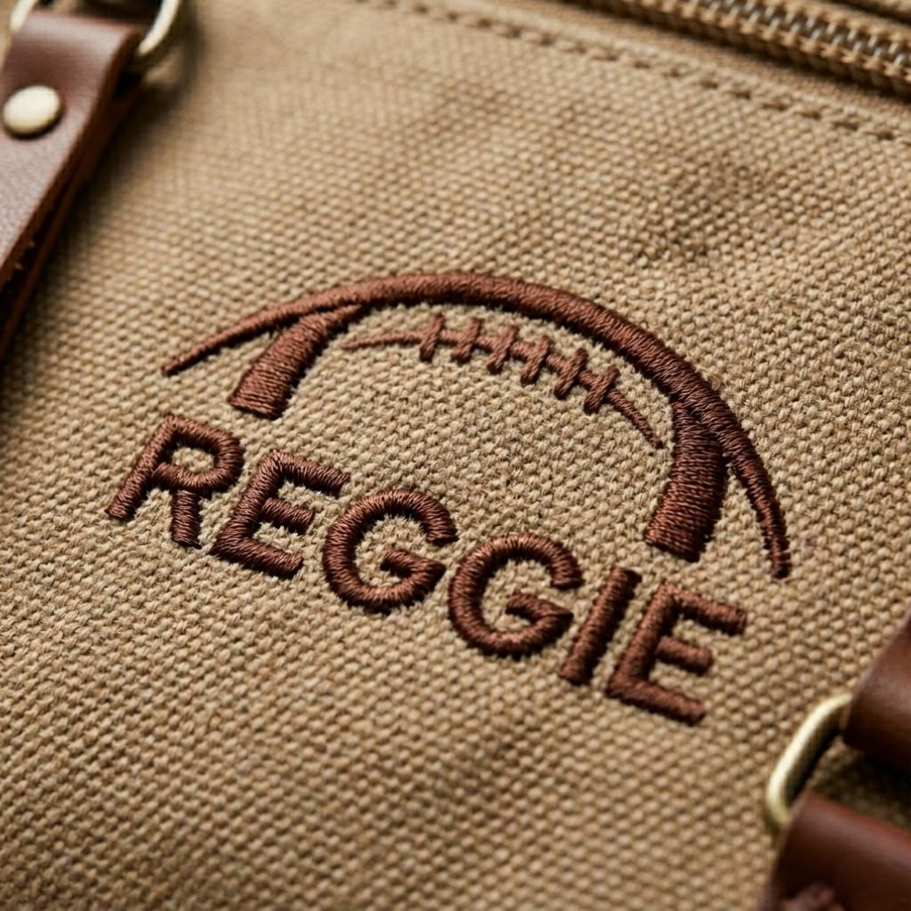 Personalized football toiletry bag in washed canvas with a leather handle and an embroidered football with custom initials, built for road games and college