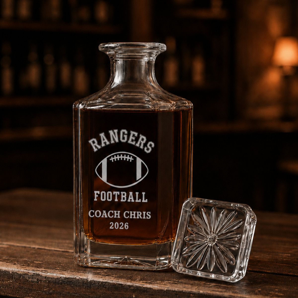 Personalized football coach decanter engraved with a Best Coach Ever football design and the coach's name and team, a standout piece for his home bar