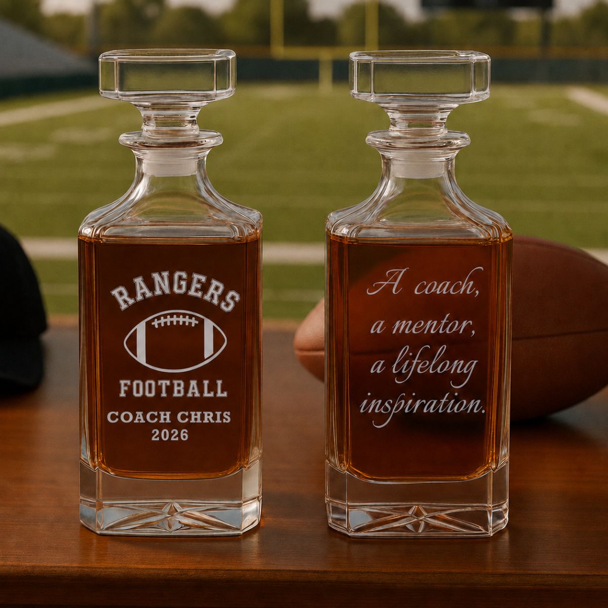 Personalized football coach decanter engraved with a Best Coach Ever football design and the coach's name and team, a standout piece for his home bar