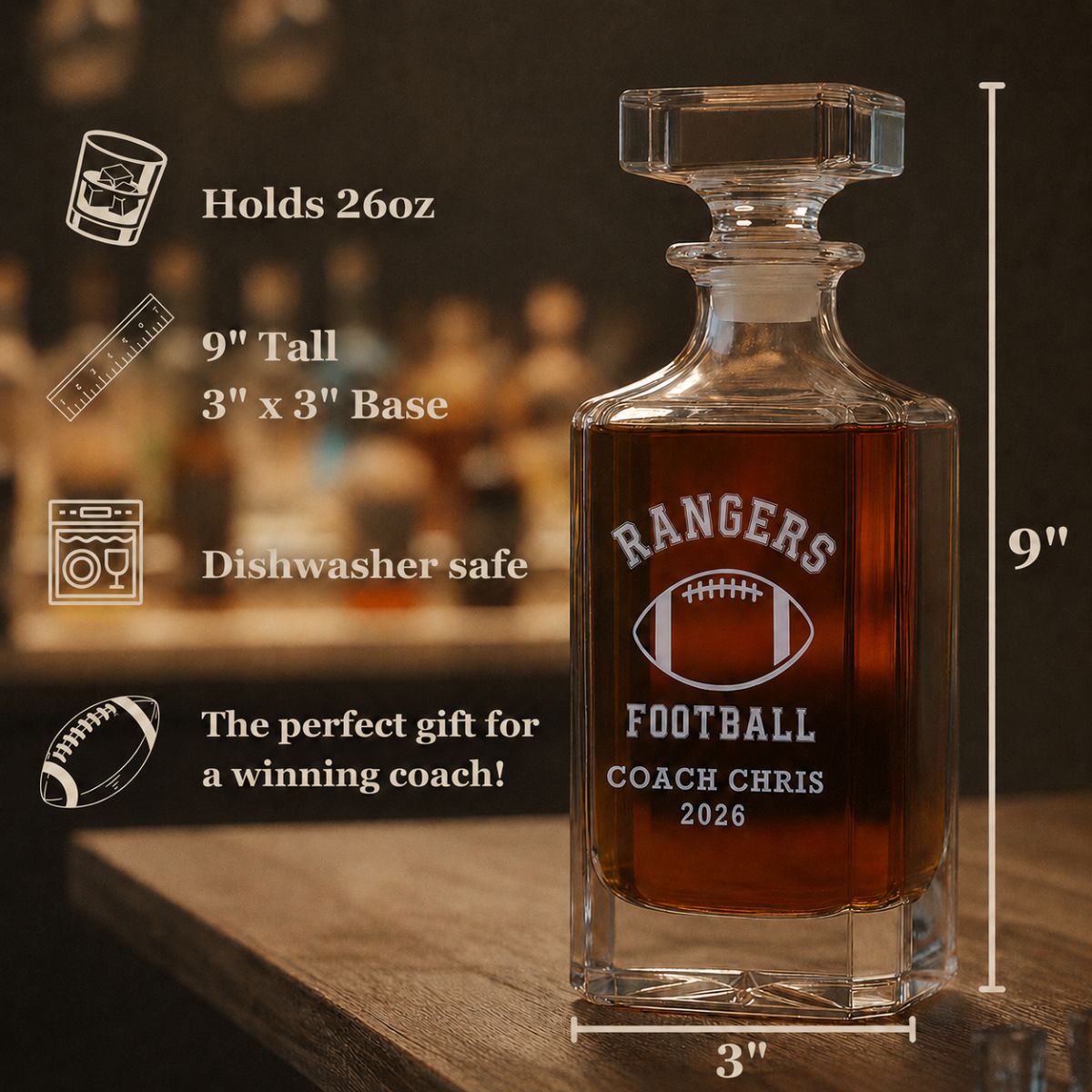 Personalized football coach decanter engraved with a Best Coach Ever football design and the coach's name and team, a standout piece for his home bar