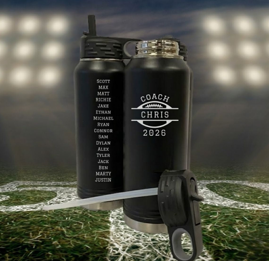 Personalized football coach water bottle, a 32oz insulated stainless steel bottle laser-engraved with the coach's name, year, and team roster in a football design