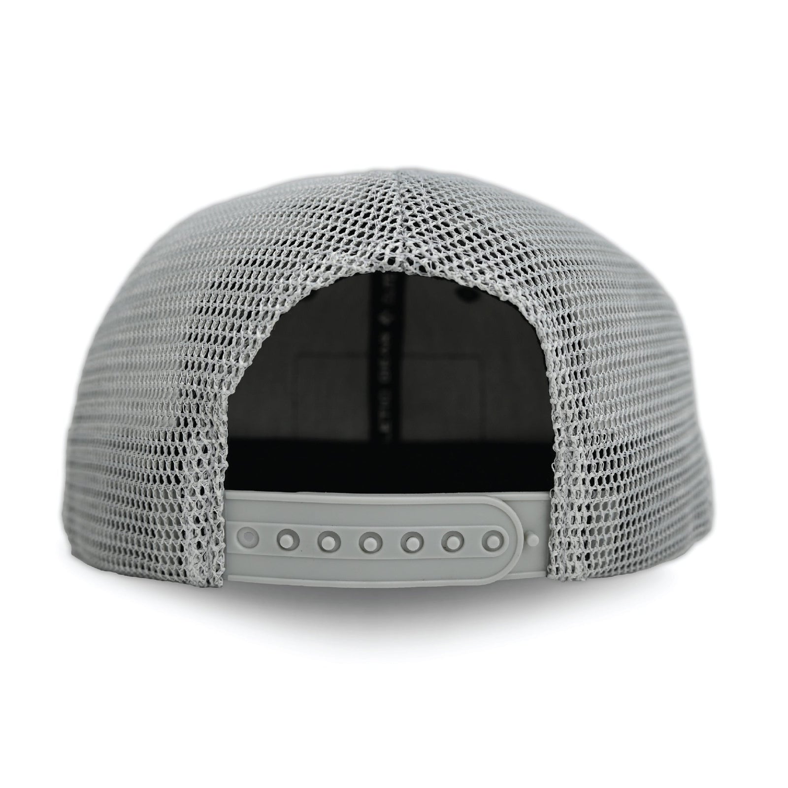 Back view of grey mesh trucker hat showing adjustable snapback closure with seven snap buttons and black inner sweatband.