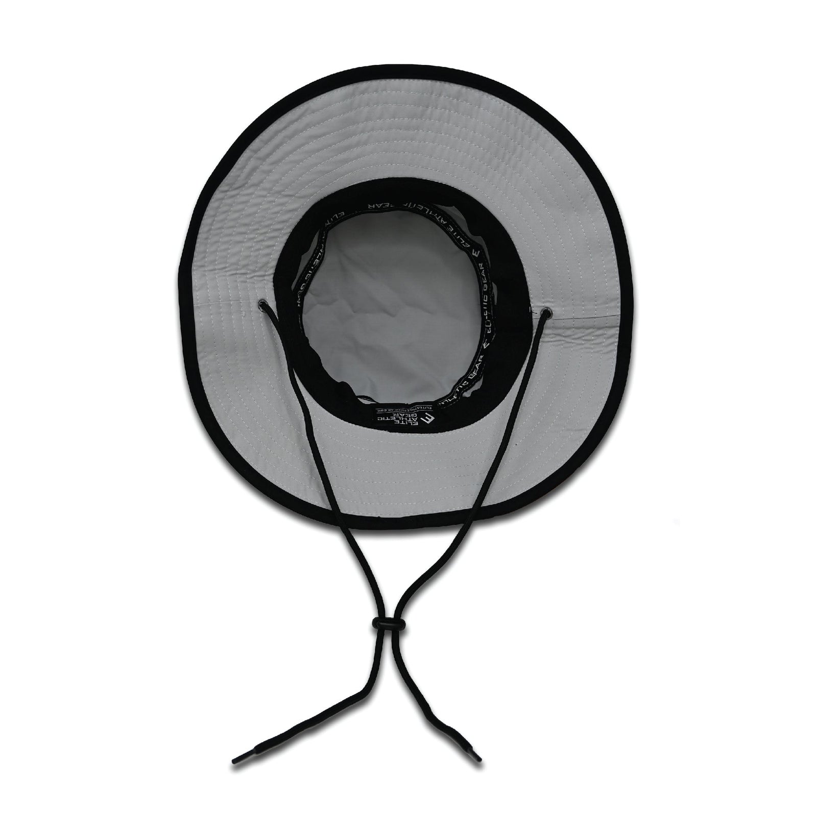 Overhead view of bucket hat showing gray mesh crown with black trim and adjustable chin strap details