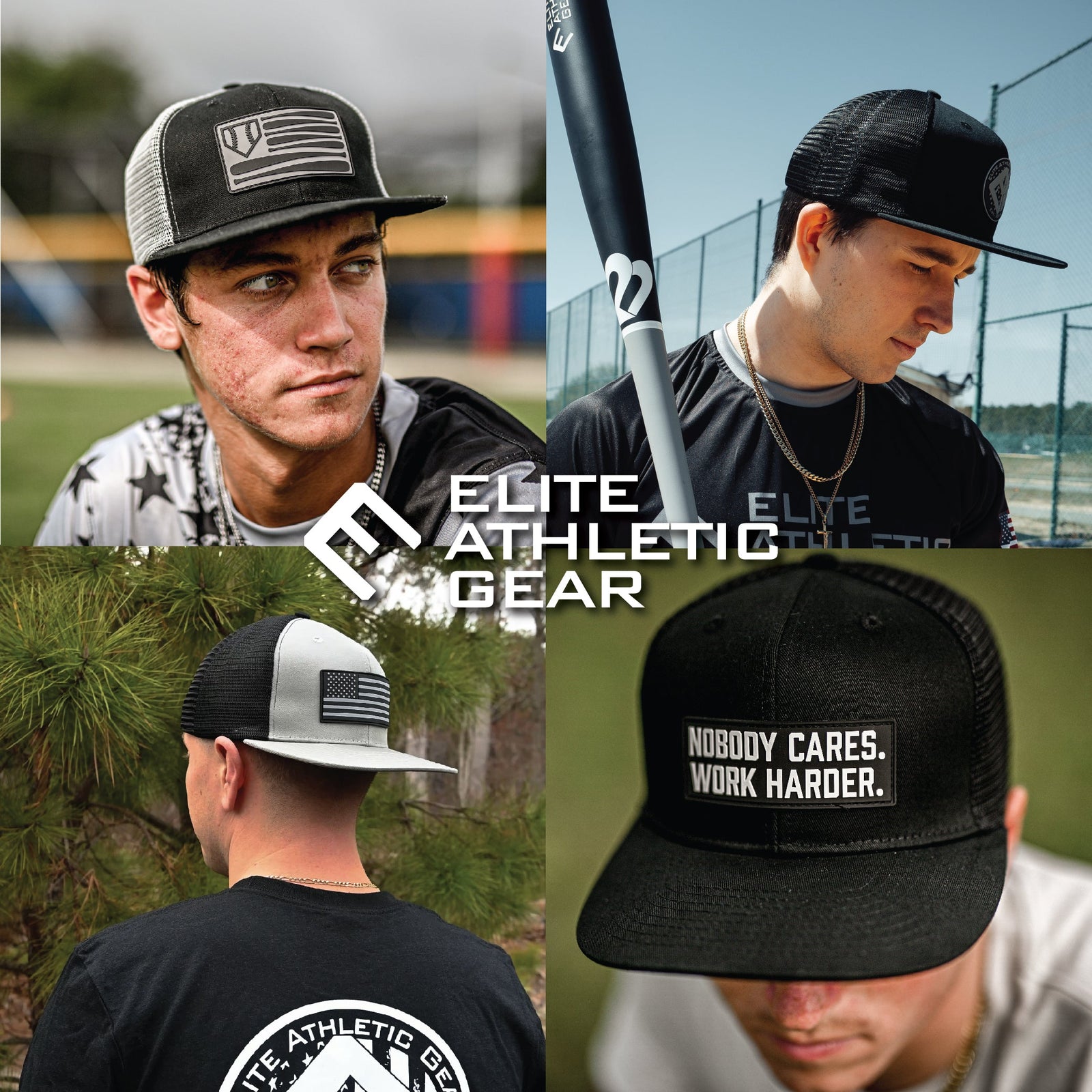 Four-photo collage of athletes wearing Elite Athletic Gear trucker hats with USA flag, EAG mountain, and 'Nobody Cares Work Harder' patches