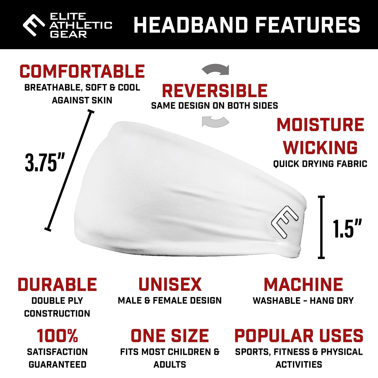 Elite Athletic Gear headband features card calling out comfortable, reversible, moisture-wicking, durable, unisex, machine-washable construction with 3.75 by 1.5 inch dimensions